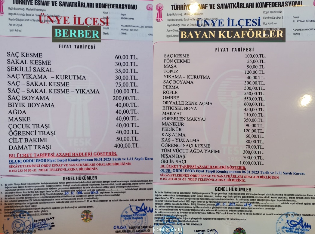 Türkiye Esnaf Ve Sanatkarlar Odası Başkanlığı tarafından belirlenen fiyat tarifeleri