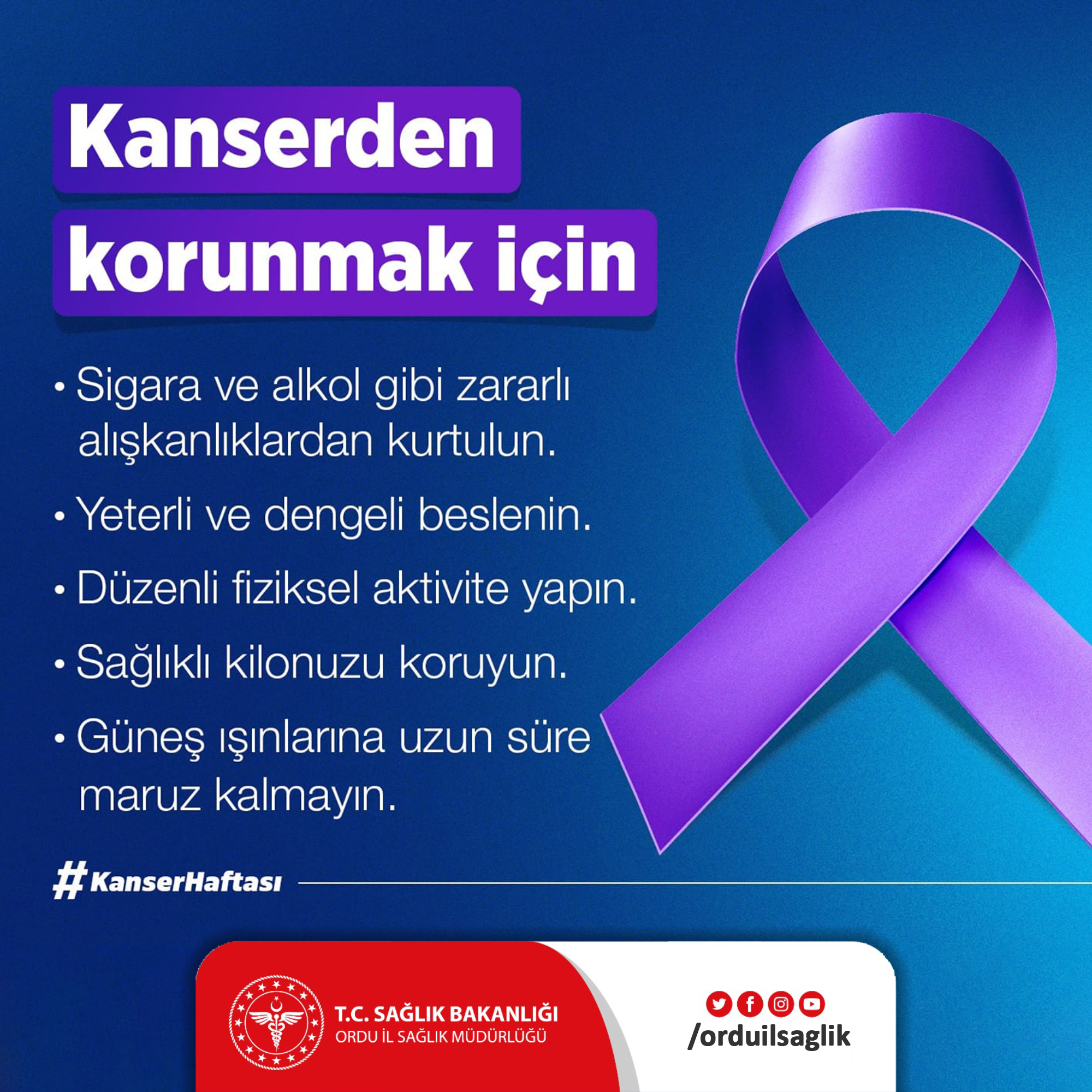 ORDU İL SAĞLIK MÜDÜRLÜĞÜ’NDEN 1-7 NİSAN KANSER HAFTASI MESAJI
