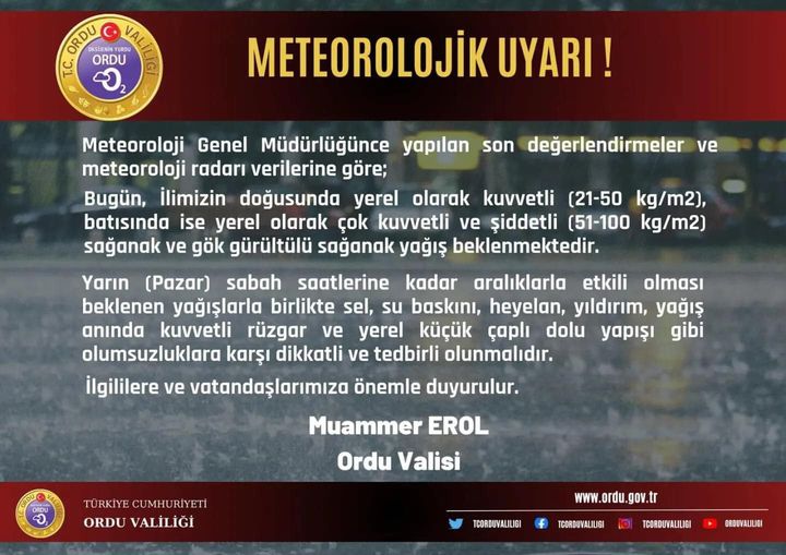 Ordu Valiliği uyarısı Meteoroloji, ilimiz için kuvvetli ve şiddetli sağanak
