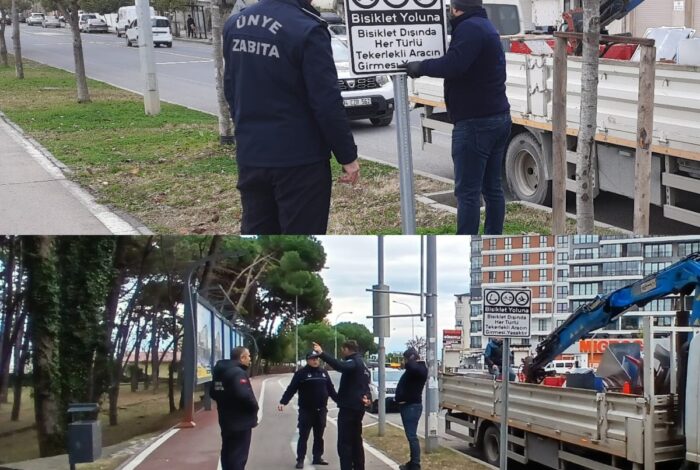 BİSİKLET YOLU VE YAYA YOLU’NA UYARI LEVHALARI KONULDU BI