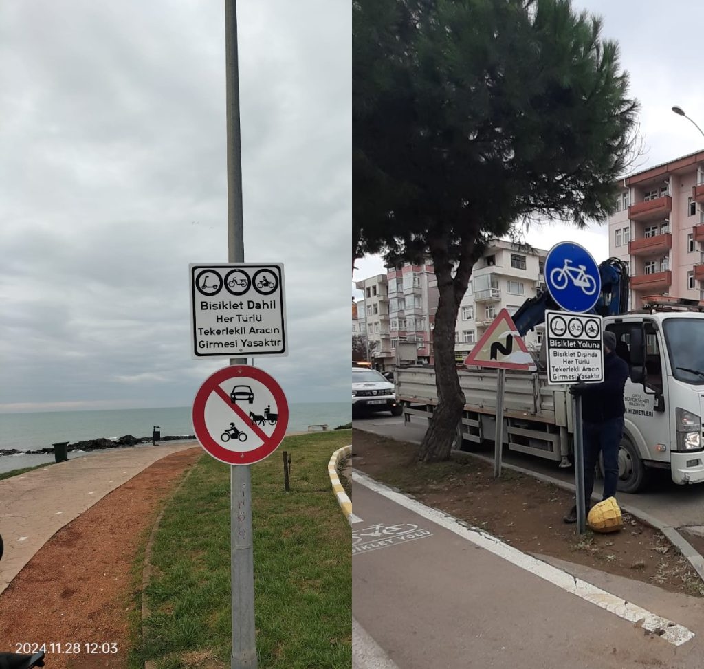 BİSİKLET YOLU VE YAYA YOLU’NA UYARI LEVHALARI KONULDU BI1