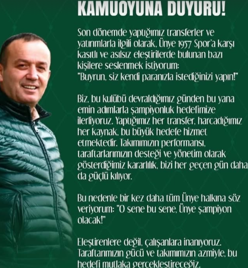 Ünye 1957 Spor Kulübü Başkanı Osman Karayiğit’ten Şampiyonluk Sözü! 