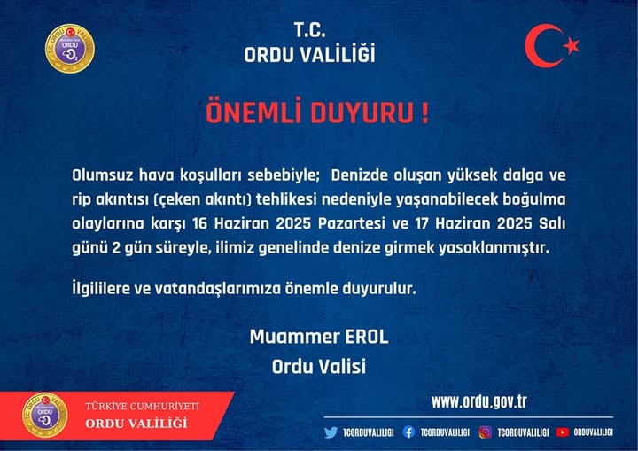 Ordu’da Denize Girmek Yasaklandı! deniz ordu yasak