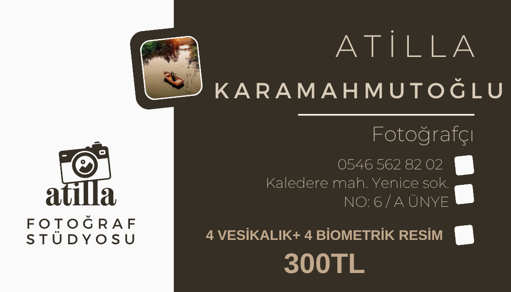 Ünye'de Atilla Fotoğraf Stüdyosu’ndan Kaçırılmayacak Fırsat Kahverengi Krem Eglenceli Fotografci Kartvizit