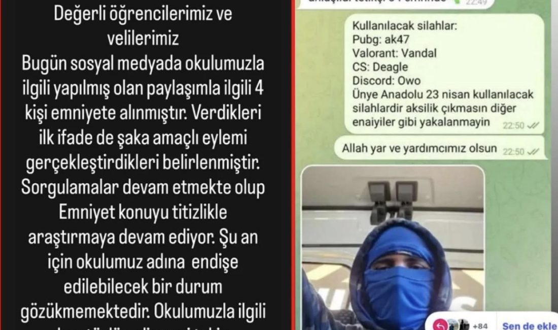Ordu’nun Ünye ilçesinde, sosyal medya ve mesajlaşma gruplarında bir okula