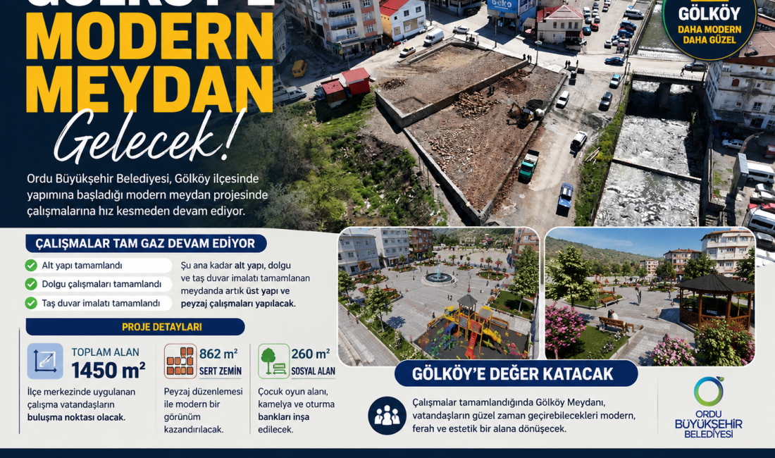 Ordu Büyükşehir Belediyesi tarafından Gölköy ilçesinde yapımı süren meydan çalışmaları