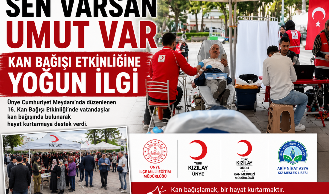 Ünye Cumhuriyet Meydanı’nda düzenlenen 16. Kan Bağışı Etkinliği’nde vatandaşlar kan