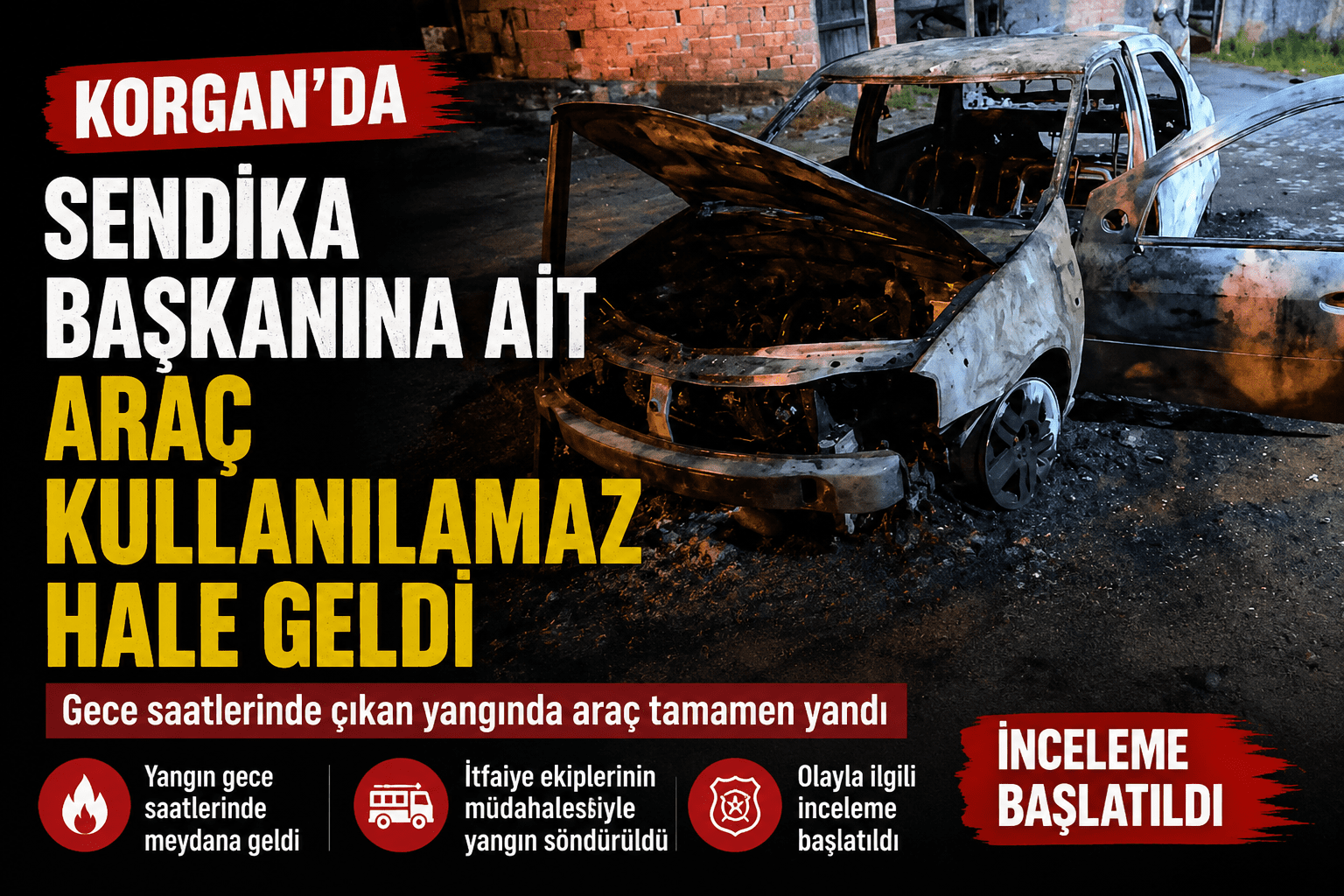 Korgan Belediyesi Sendika Başkanı Nurettin Ulaş’a ait araçta meydana gelen
