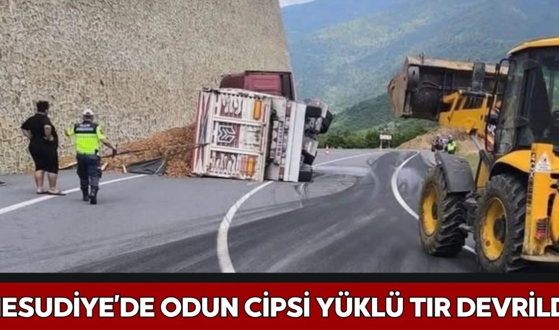 Ordu’nun Mesudiye ilçesinde odun cipsi yüklü tırın devrilmesi sonucu trafik