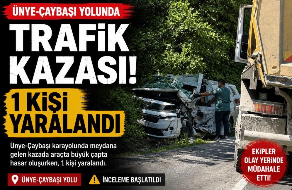 Ünye-Çaybaşı karayolunda meydana gelen trafik kazasında araçta büyük çapta hasar