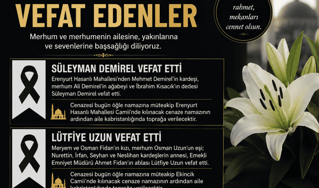 Ünye’de bugün iki acı kayıp yaşandı. Erenyurt Hasanlı Mahallesi’nden Süleyman