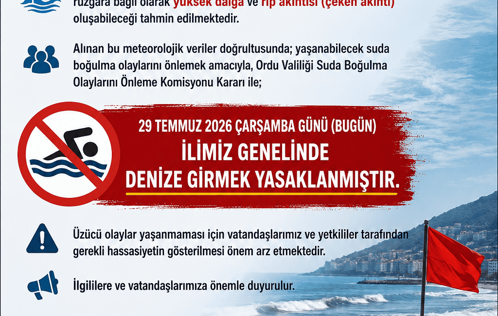 Ordu Valiliği, 29 Temmuz 2026 Çarşamba günü yüksek dalga ve