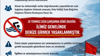 Ordu Valiliği, 29 Temmuz 2026 Çarşamba günü yüksek dalga ve