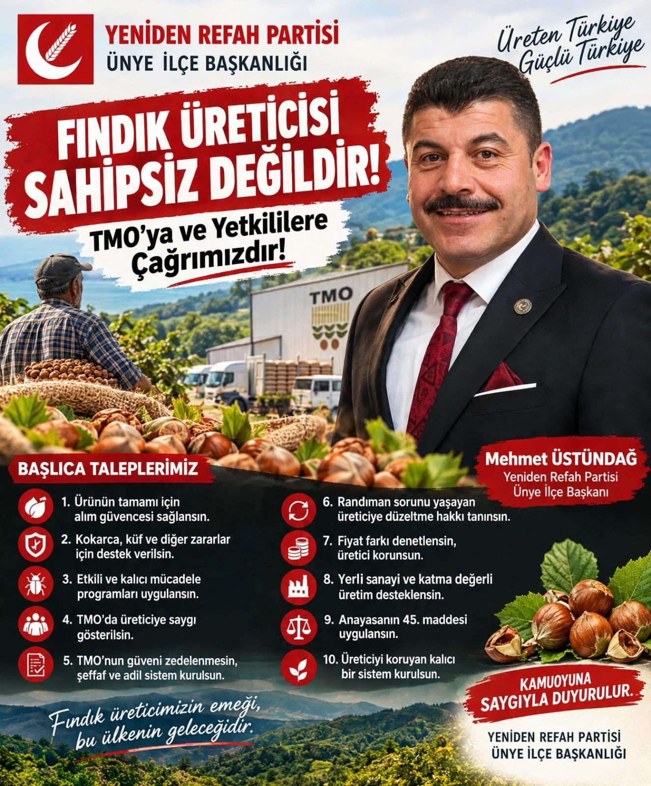 Yeniden Refah Partisi Ünye İlçe Başkanı Mehmet Üstündağ, fındık üreticilerinin