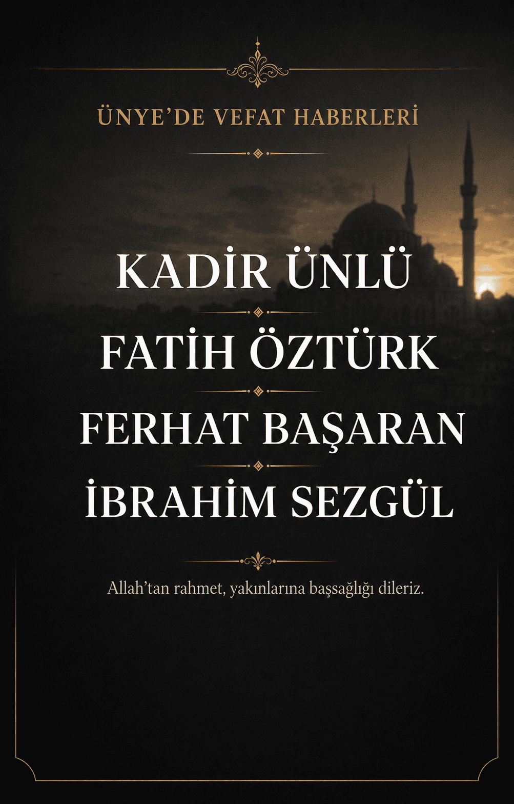 Ünye’de 2 Eylül 2026 tarihinde vefat eden Kadir Ünlü, Fatih