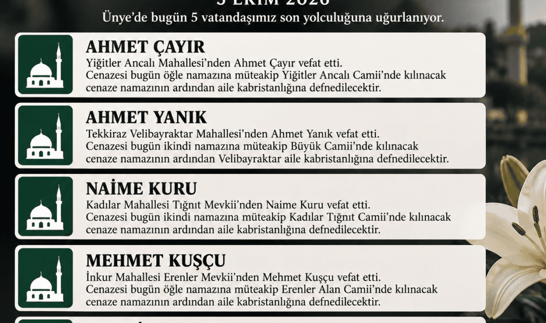 Ünye’de Bugün Vefat Edenler: 5 Ekim 2026 Vefat İlanları Ünye’de