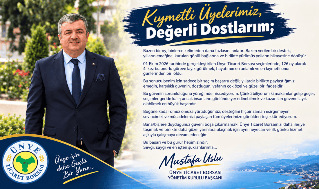 Ünye Ticaret Borsası Başkanlığına 4. kez seçilen Mustafa Uslu, seçim