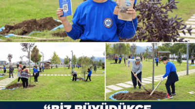 Ordu Melet Park’ta ağaç diken öğrenciler, ağaçlarının konumunu ve gelişimini