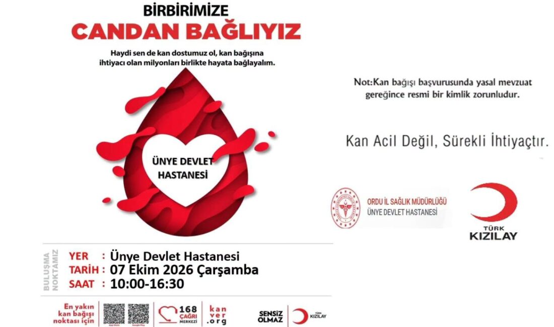 Ünye Devlet Hastanesinde 7 Ekim Çarşamba günü 10.00–16.30 saatlerinde Kızılay