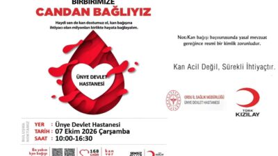 Ünye Devlet Hastanesinde 7 Ekim Çarşamba günü 10.00–16.30 saatlerinde Kızılay
