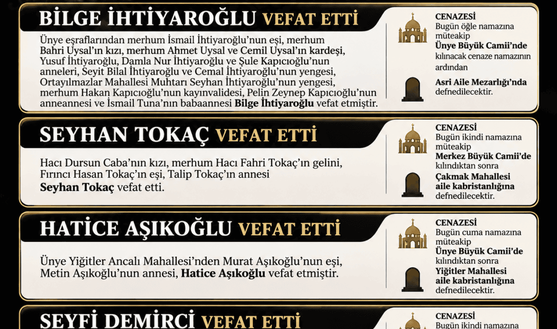 Ünye ve Akkuş’ta 16 Ekim 2026 Cuma günü vefat eden