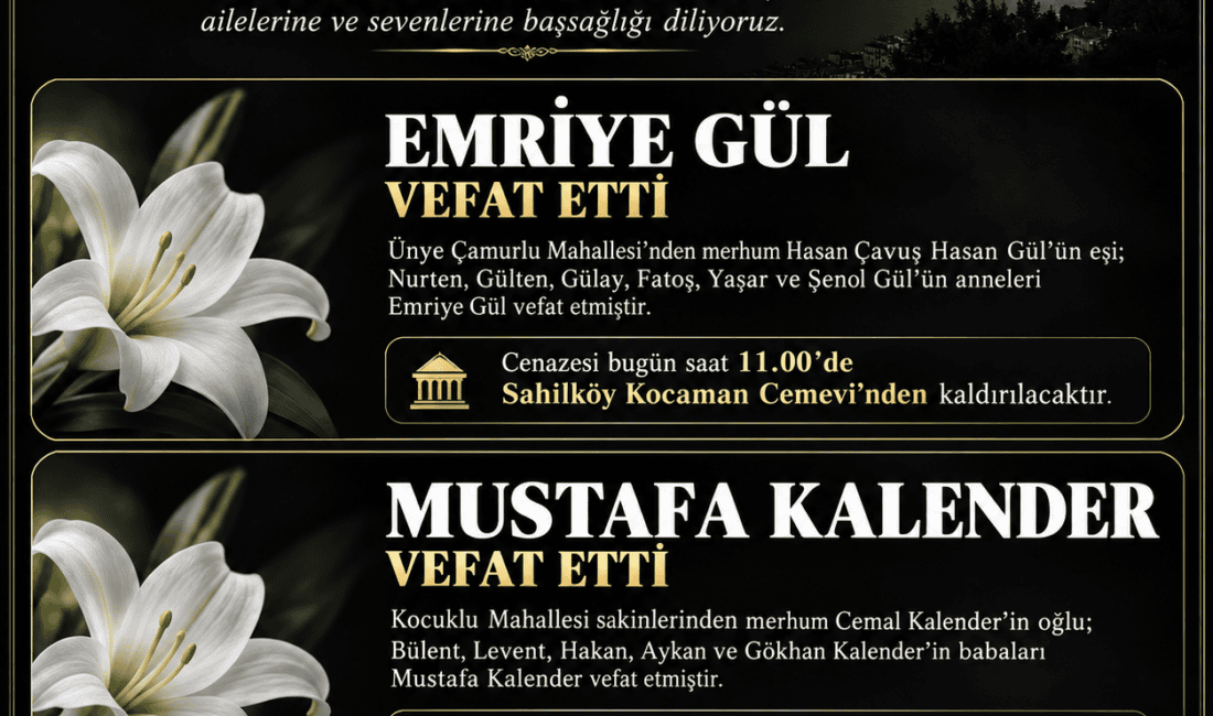 Ünye’de Emriye Gül ve Mustafa Kalender vefat etti. Çamurlu ve