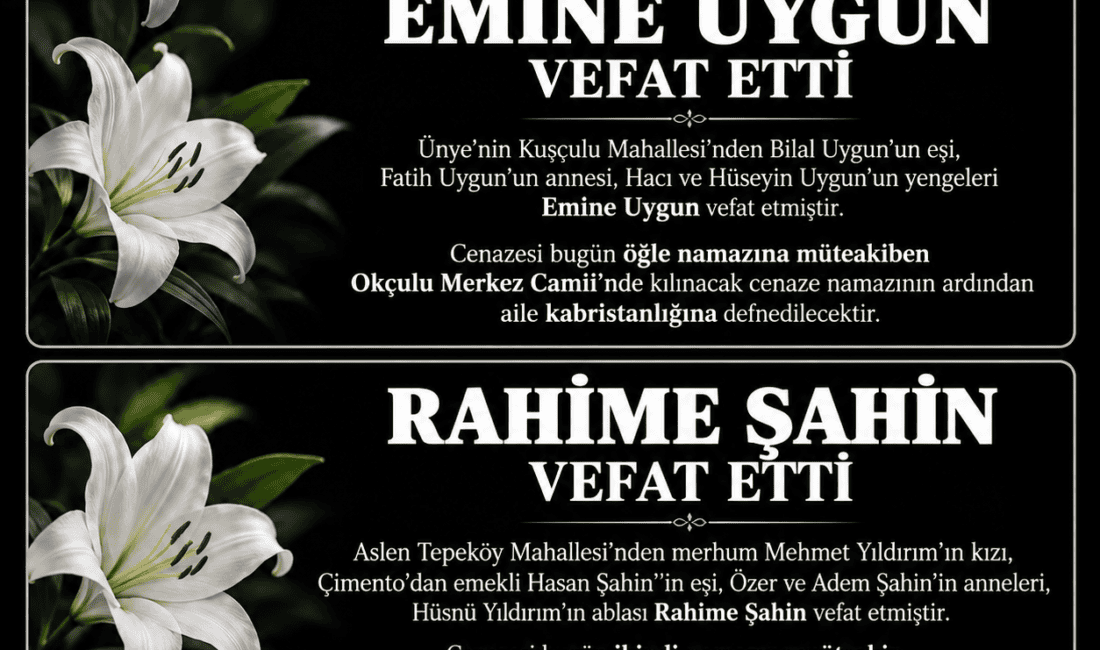 Ünye’de 9 Ekim 2026 vefat haberleri. Emine Uygun ve Rahime